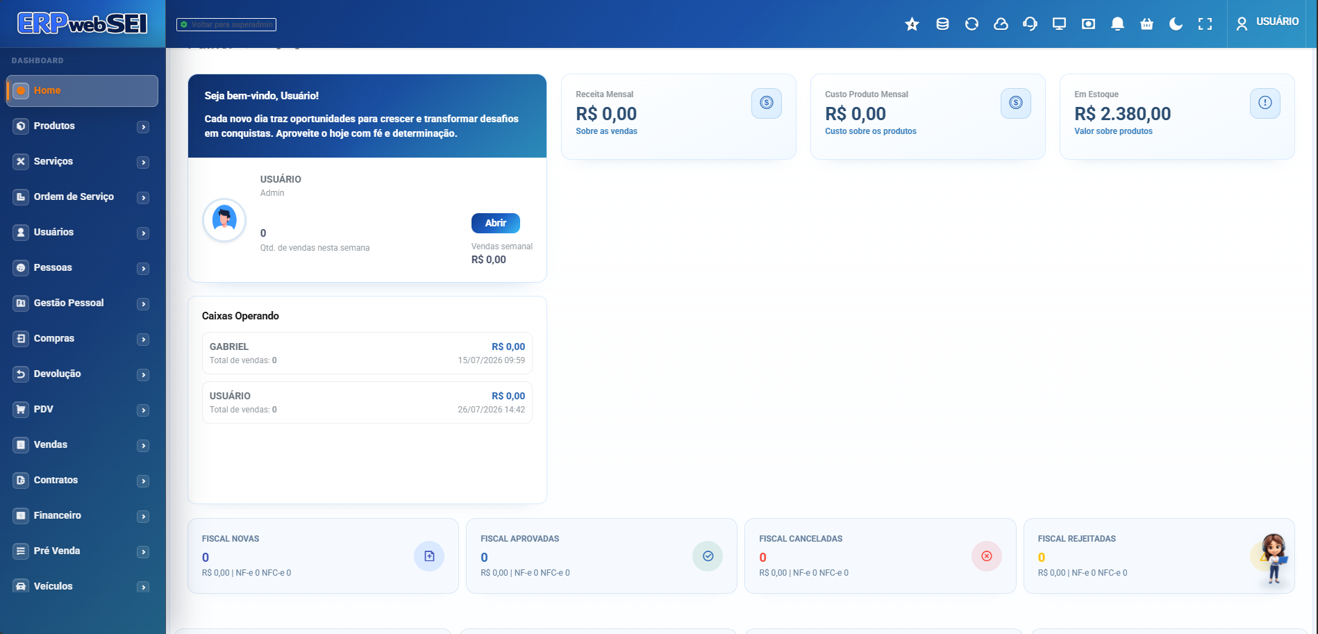 Painel real do ERP webSEI com módulos, indicadores financeiros, estoque e gestão fiscal