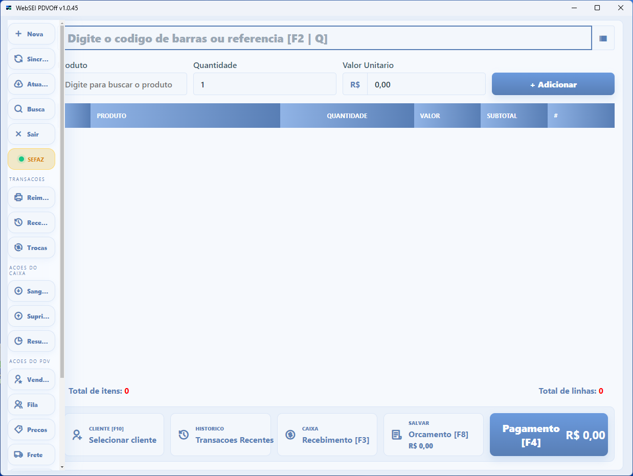 Tela do PDV Offline webSEI para realizar vendas mesmo sem conexão com a internet